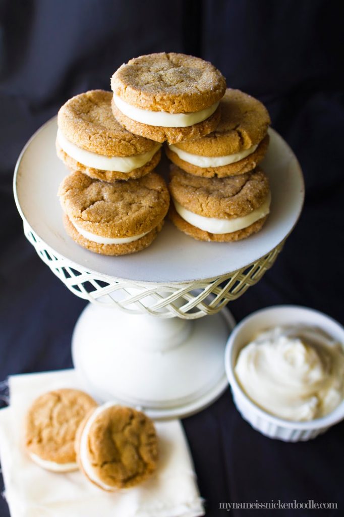 Ginger Sandwich Cookies with a Cream Cheese Frosting for a filling.  So soft, chewy and completely delicious!  |  My Name Is Snickerdoodle  