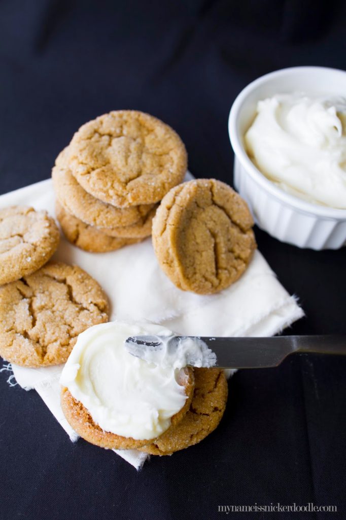 Spread a little Cream Cheese Frosting in between two soft and chewy Ginger Cookies | My Name Is Snickerdoodle