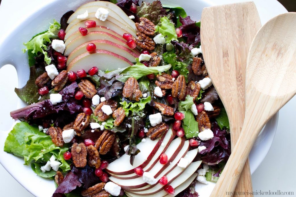 Pecan and Pear Salad with Pomegranetes and Feta Cheese