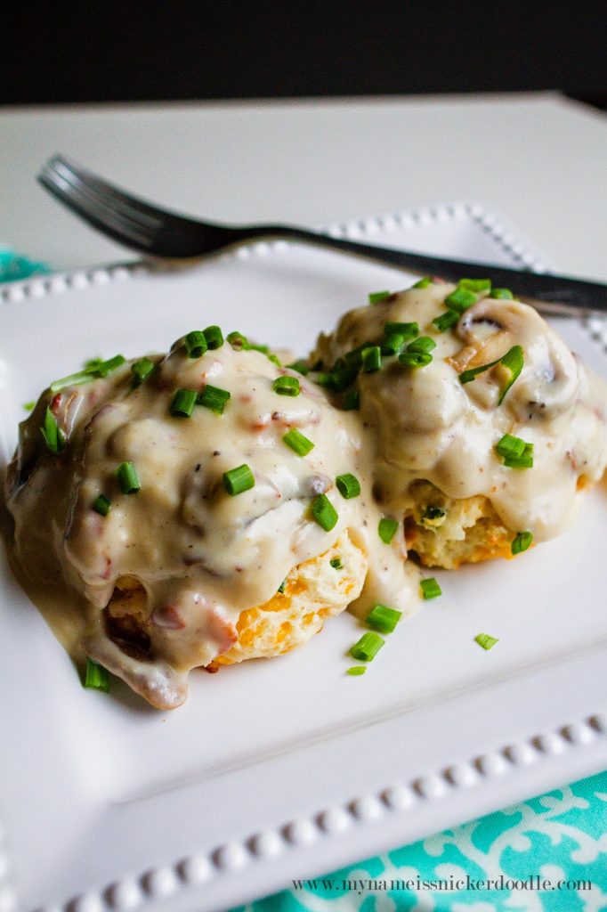 Bacon and Mushroom Cream Gravy with Cheddar Chive Biscuits - My Name Is ...