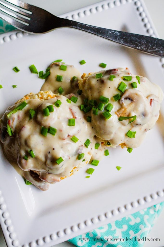 Bacon and Mushroom Cream Gravy with Cheddar Chive Biscuits - My Name Is ...