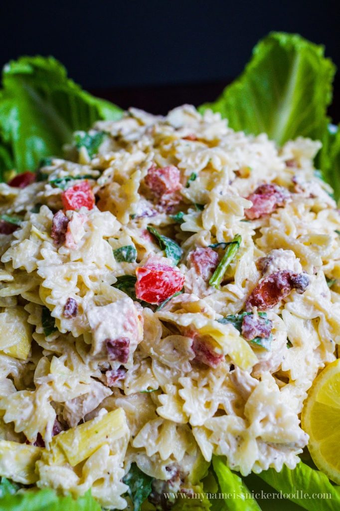 A yummy pasta salad recipe made with chicken, bacon, artichokes and tomatoes!  |  My Name Is Snickerdoodle