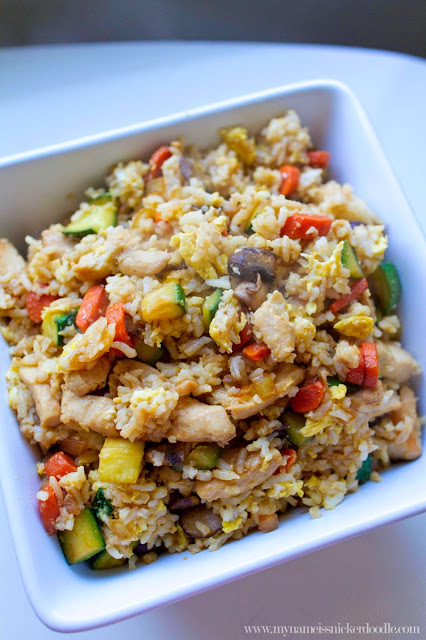 Super easy and delicious Chicken Fried Rice recipe. It comes together in minutes and perfect for using leftover rice! A great weeknight meal. | mynameissnickerdoodle.com