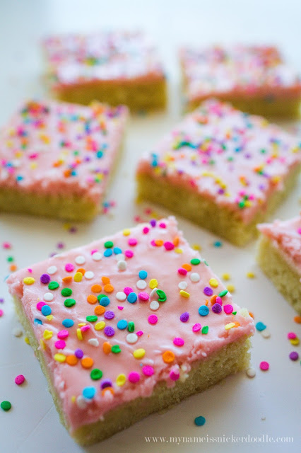 Sugar Cookie Sprinkle Bars!!! All in when it comes to anything with pink frosting and rainbow sprinkles! These bars taste as great as regular sugar cookies, but only take half the time with no messy clean up. | mynameissnickerdoodle.com