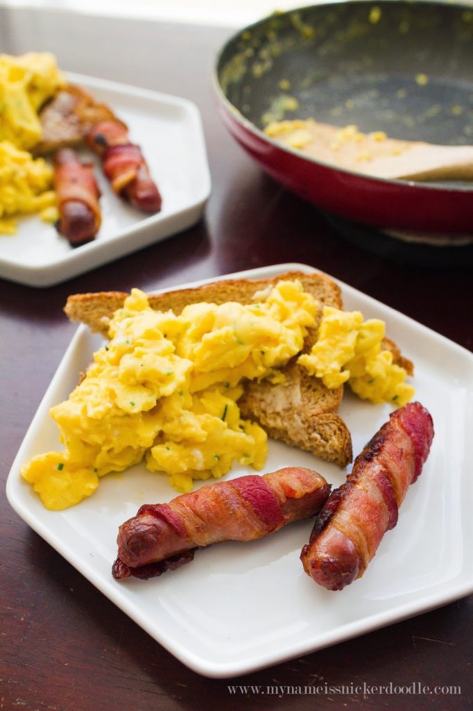 scrambled eggs and bacon and sausage