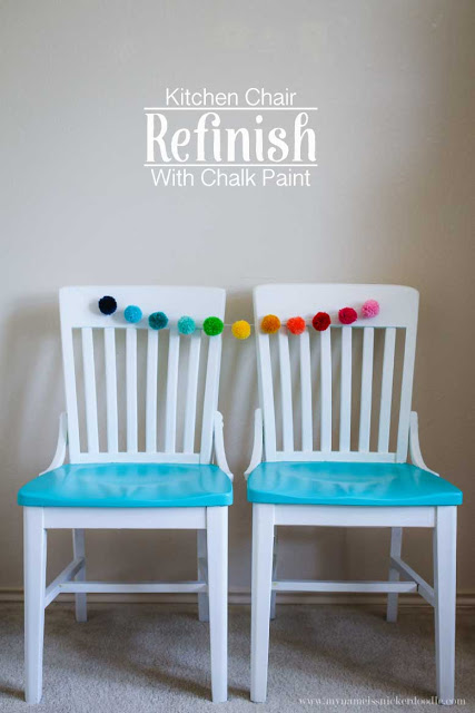 Such a fun kitchen chair refinish! I love the pop of color. How easy to use chalk paint, too! | mynameissnickerdoodle.com