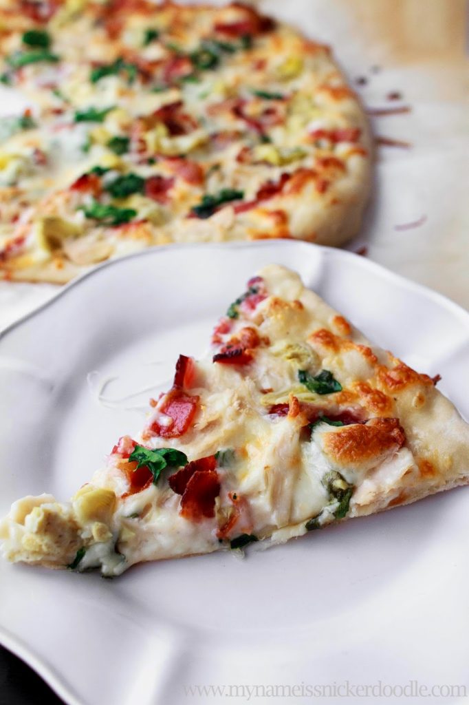 Chicken Bacon Artichoke Pizza with a Creamy Garlic Sauce | My Name Is Snickerdoodle