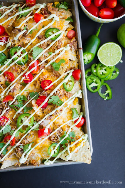 Pulled Pork and Sweet Corn Nachos with Avocado Cream!  Perfect for a simple weeknight meal or game day!  |  My Name Is Snickerdoodle.com