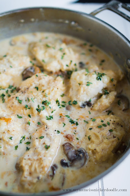 Oh, this is such comfort food! This one pot Chicken and Mushrooms is absolutely cream, savory and practically perfect! Wonderful over rice, mashed potatoes or pasta. Find the easy recipe at mynameissnickerdoodle.com