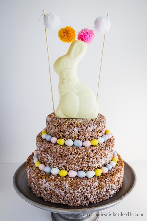 Here is a no bake cake option for an Easter dessert! Chocolate Rice Krispies embellished with Cadbury Eggs. | mynameissnickerdoodle.com