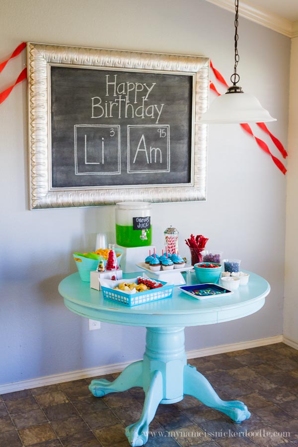 Such a great food table for a science themed birthday party! mynameissnickerdoodle.com