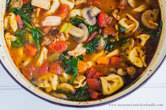 Here is a wonderful Hearty Tortellini Soup recipe! Packed with veggetables and sausage! | mynameissnickerdoodle.com
