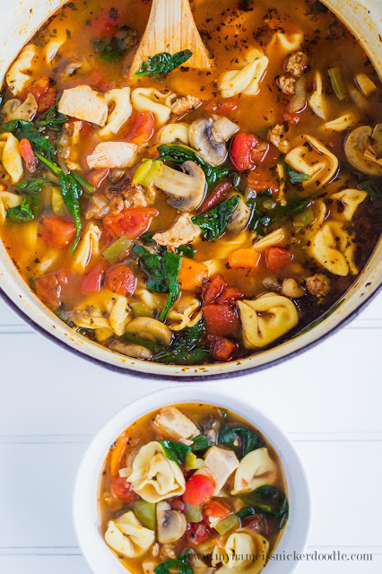 Here is a wonderful Hearty Tortellini Soup recipe! Packed with veggetables and sausage! | mynameissnickerdoodle.com