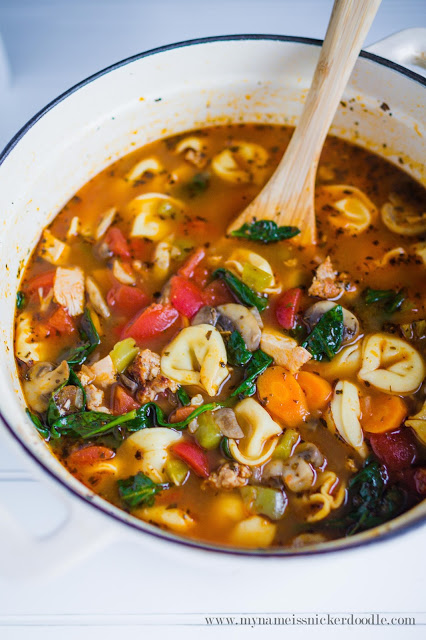 Here is a wonderful Hearty Tortellini Soup recipe! Packed with veggetables and sausage! | mynameissnickerdoodle.com