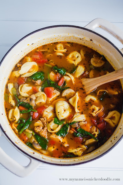 Here is a wonderful Hearty Tortellini Soup recipe! Packed with veggetables and sausage! | mynameissnickerdoodle.com