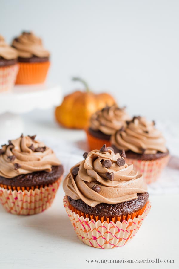 Chocolate Pumpkin Cupcakes with Nutella Buttercream Frosting! A recipe that will be a favorite for years! | mynameissnickerdoodle.com 