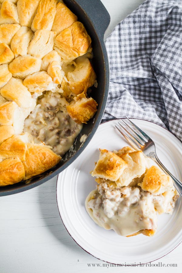 Here is a fantastic recipe for One Pan Biscuits and Sausage Gravy! Breakfast perfection! | mynameissnickerdoodle.com