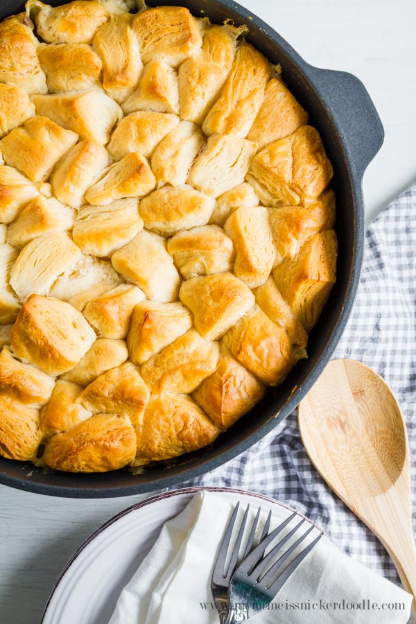 Here is a recipe for Biscuits and Sausage Gravy Skillet! It's cooked all in one pan. Breakfast perfection! | mynameissnickerdoodle.com