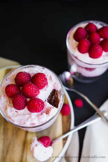 Raspberry Cream and Brownie Trifles for Two! Perfect for a romantic dessert! | mynameissnickerdoodle.com