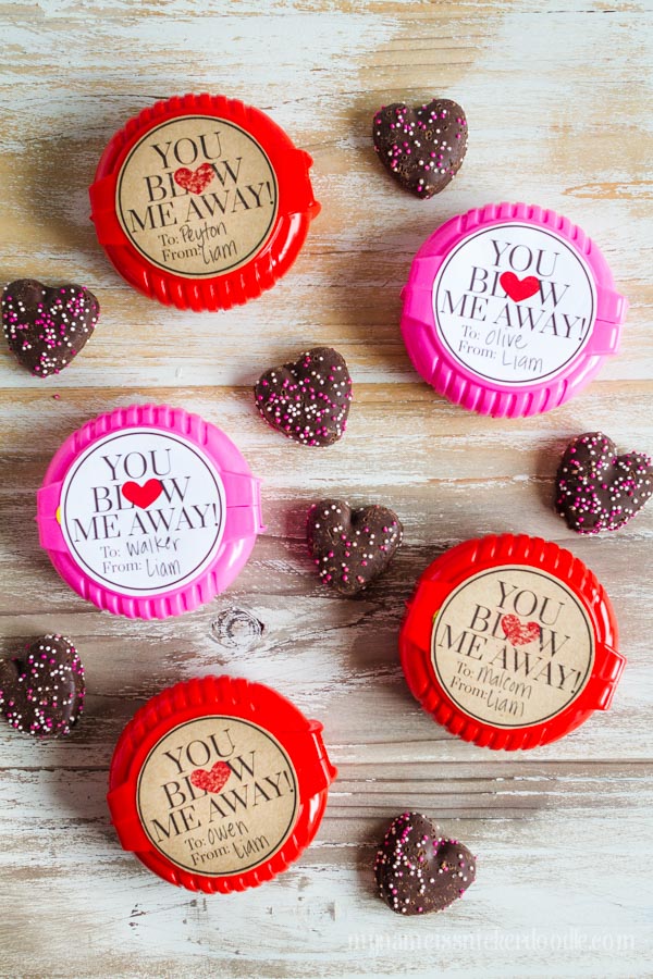 Free Valentine Printable! 'You Blow Me Away' is perfect to add on top of bubble gum tape, a bottle of bubbles or a few balloons! | mynameissnickerdoodle.com