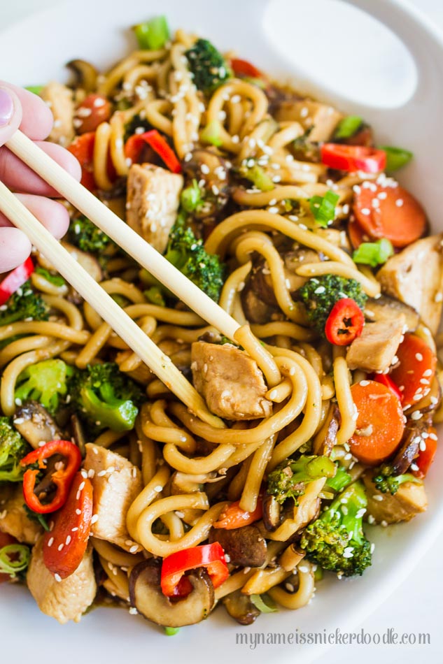 Chicken And Vegetable Noodle Bowl recipe. Perfect for a weeknight meal and made in under 30 minutes! | mynameissnickerdoodle.com