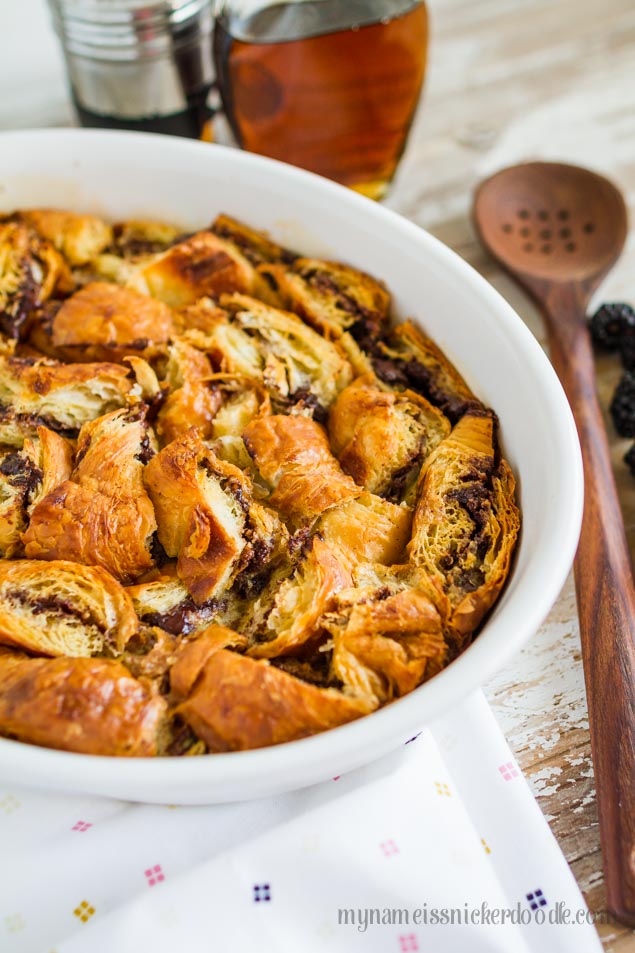 Nutella Stuffed Croissant French Toast Bake. Perfect for breakfast or brunch! | mynameissnickerdoodle.com