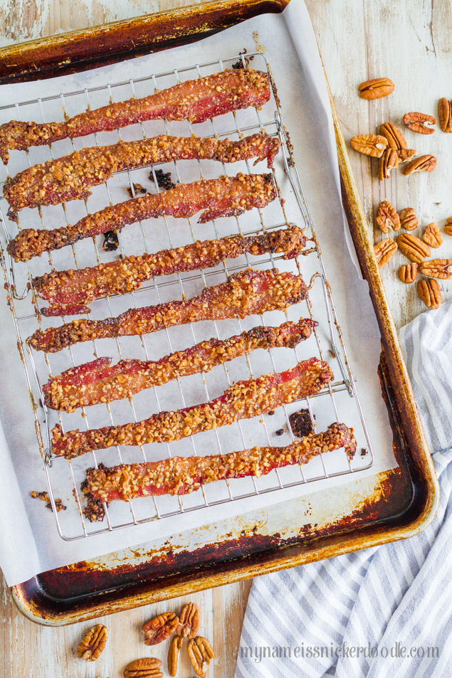 The best recipe for Pecan Sugared Bacon! It's pure heaven and makes any breakfast even better! Also great for any holiday. | mynameissnickerdoodle.com
