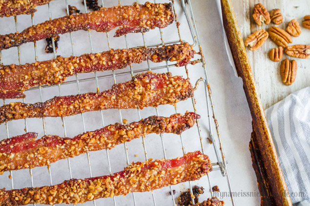 The best recipe for Pecan Sugared Bacon! It's pure heaven and makes any breakfast even better! Also great for any holiday. | mynameissnickerdoodle.com
